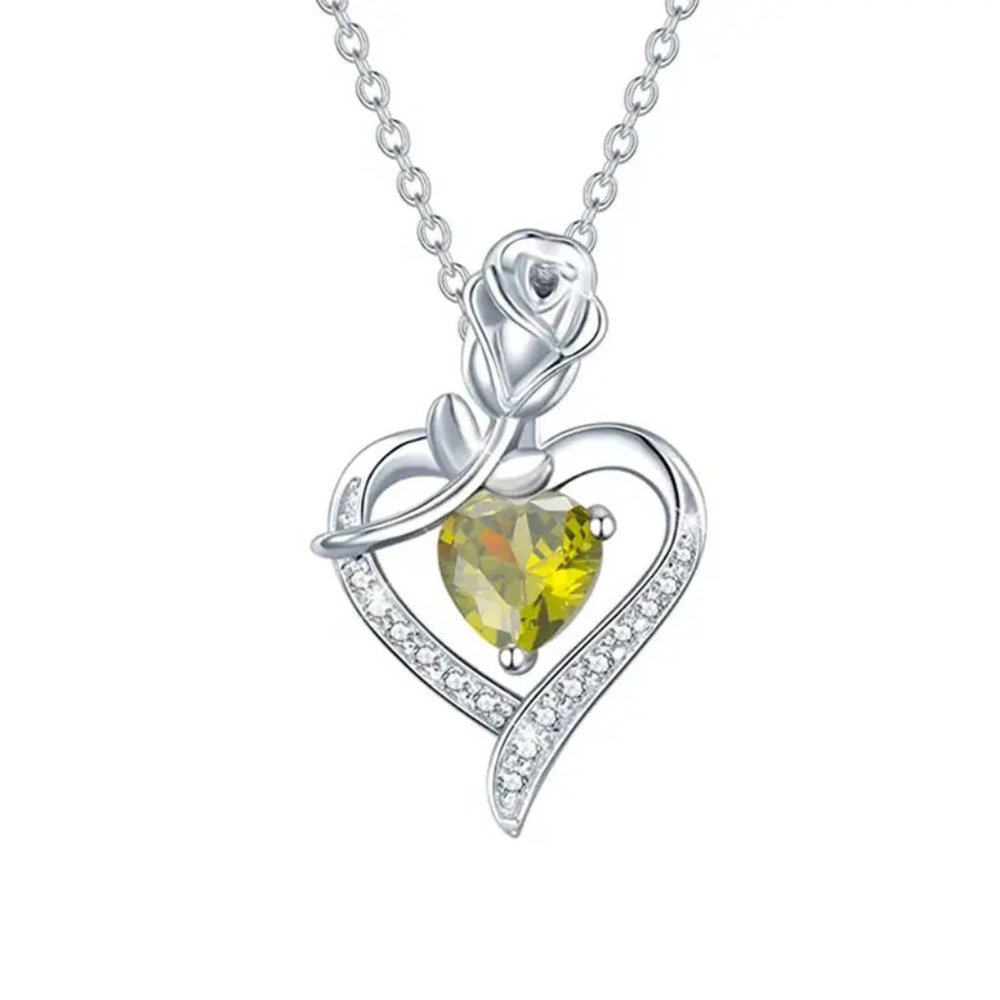 New Rose & Heart Shape Inlaid Shiny Zircon Elegant August Birthstone Necklace